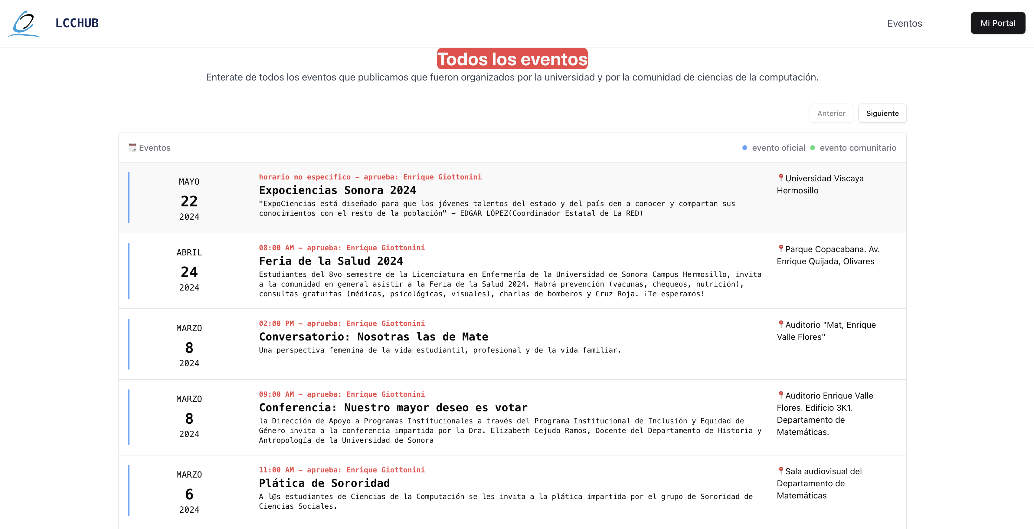 Screenshot de la sección de eventos