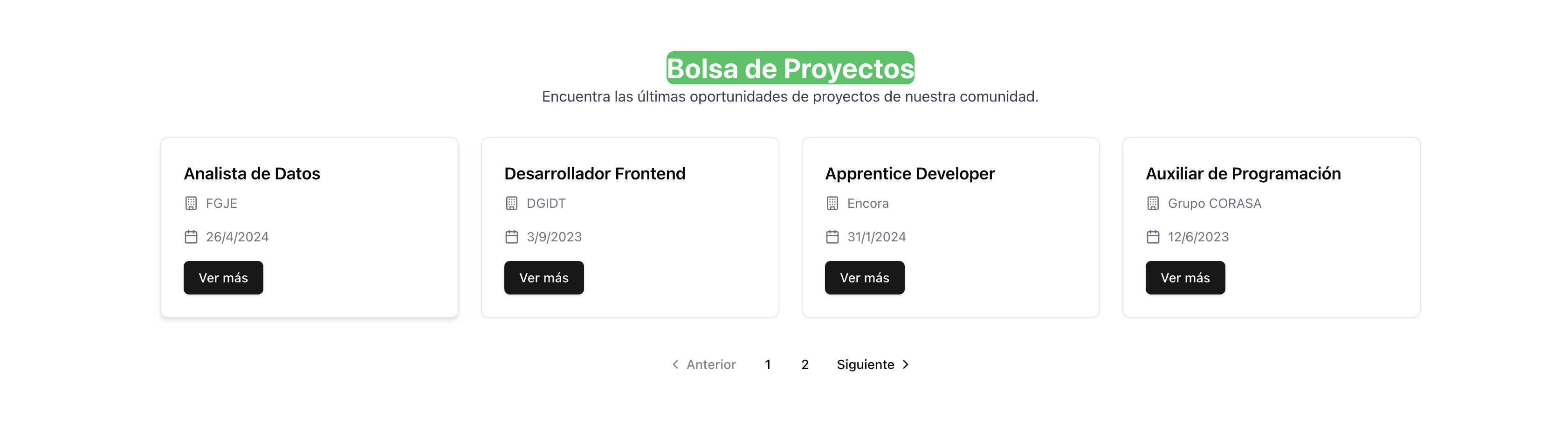 Screenshot de la sección de bolsa de proyectos